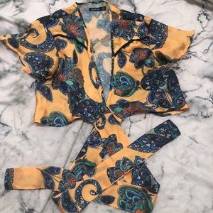 silk yellow patterned tie crop top